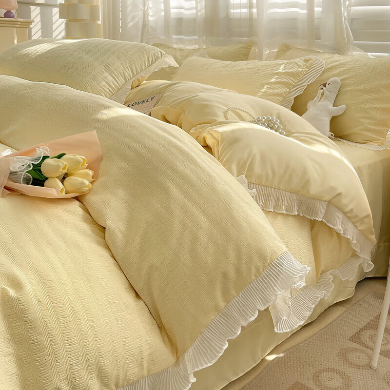 远嘉妮韩式公主风水洗棉四泡泡纱床上用品宿舍被套床单4 奶油泡泡