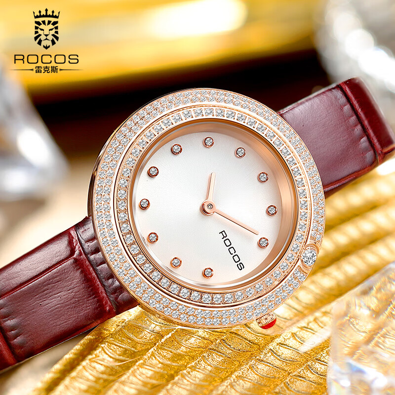 rocos品牌小众轻奢镶钻女士手表女表简约气质皮带石英防水礼物送女友