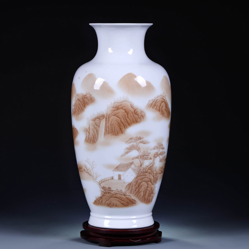 家居景德镇陶瓷花瓶摆件 釉中彩黄色国画山水花瓶 底座 保障 匠心打造