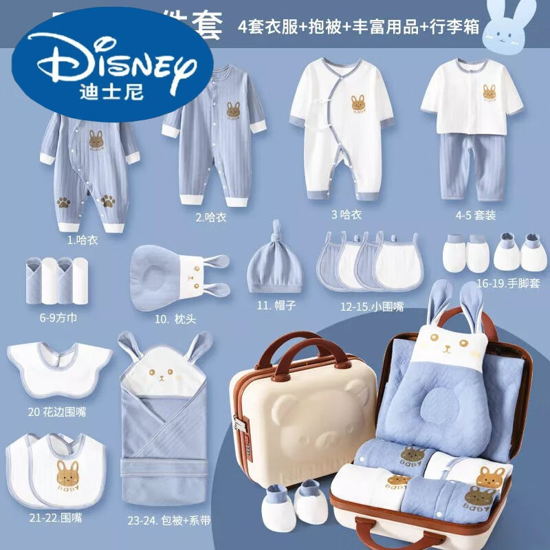 迪士尼（Disney）新生儿礼盒用品婴儿穿的衣服套装兔年宝宝满月送人礼物 四季蓝24件 0-3个月高性价比高么？