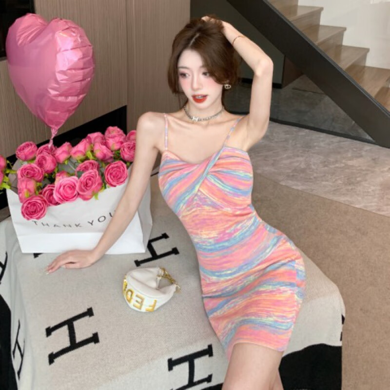 浪莎甜辣风彩虹条纹扭结抹胸连衣裙女夏季新款法式纯欲性感辣妹吊带裙