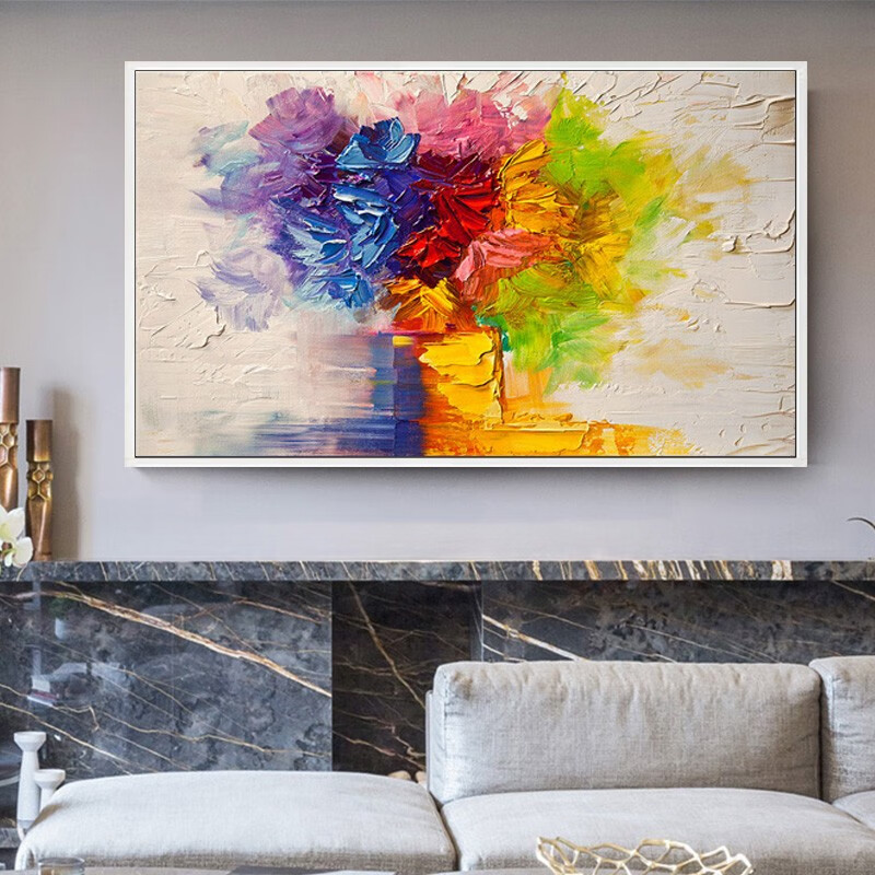 彩象现代简约卧室床头画手绘抽象色块油画餐厅饭厅纯手工挂画横 金框