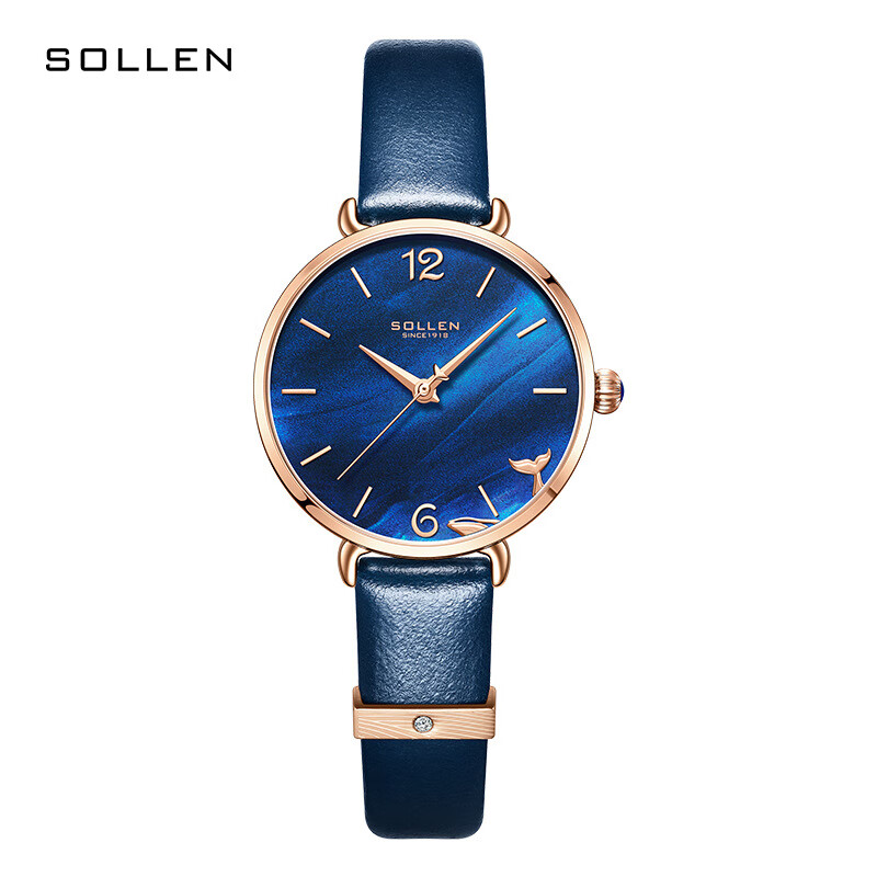 梭伦(sollen)瑞士时尚超薄手表女士石英表蓝色复古表盘气质镶钻皮带