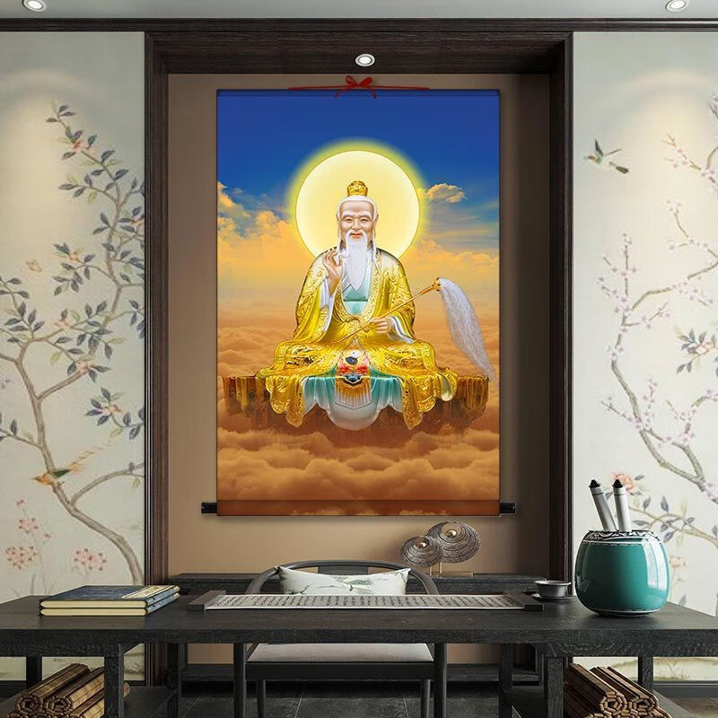 朴珀妮太上老君画像太清道德天尊挂画老君骑牛神像画站像拂尘绢丝卷轴