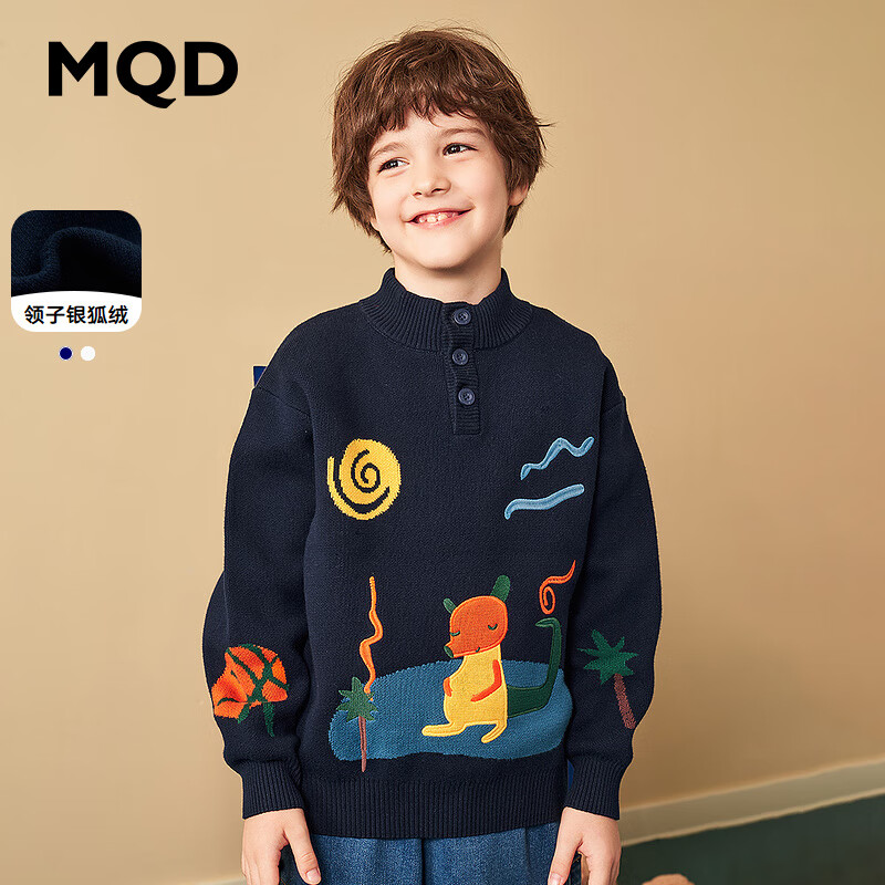 mqd男童卡通萌趣宽松半开襟毛衣22年冬季新款宽松加绒儿童针织衫 藏青