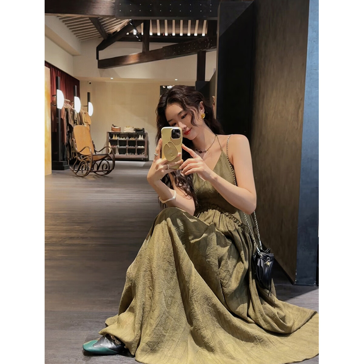 三吉黑花鹦鹉梨严选【浮香绕】国风新中式初春吊带连衣裙子女装长裙褶皱 星空灰 现货(48小时内发货) L