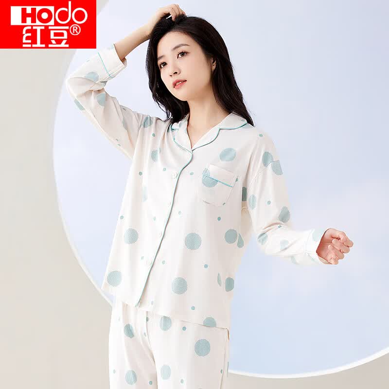 红豆（hongdou）睡衣女纯棉长袖清新波点印花可外穿开衫家居服套装C1-02波点绿165怎么看?