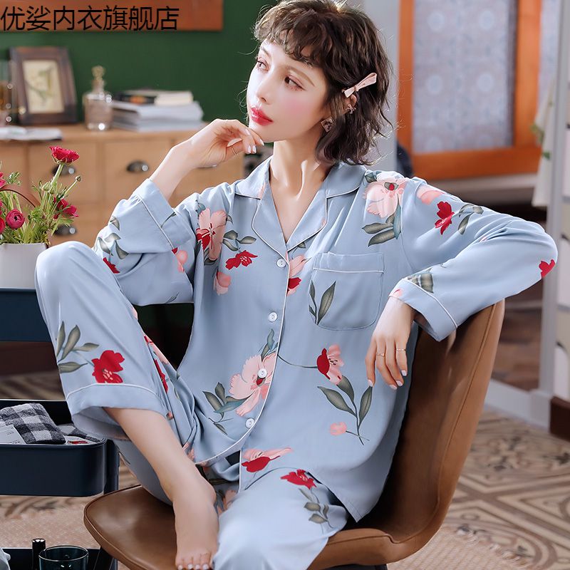 朵琳蔻棉綢睡衣女長袖夏季薄款人造棉綢睡衣女春秋款2021年新款長袖長褲 MZS-開衫長袖康乃馨灰藍 M(80~105斤)
