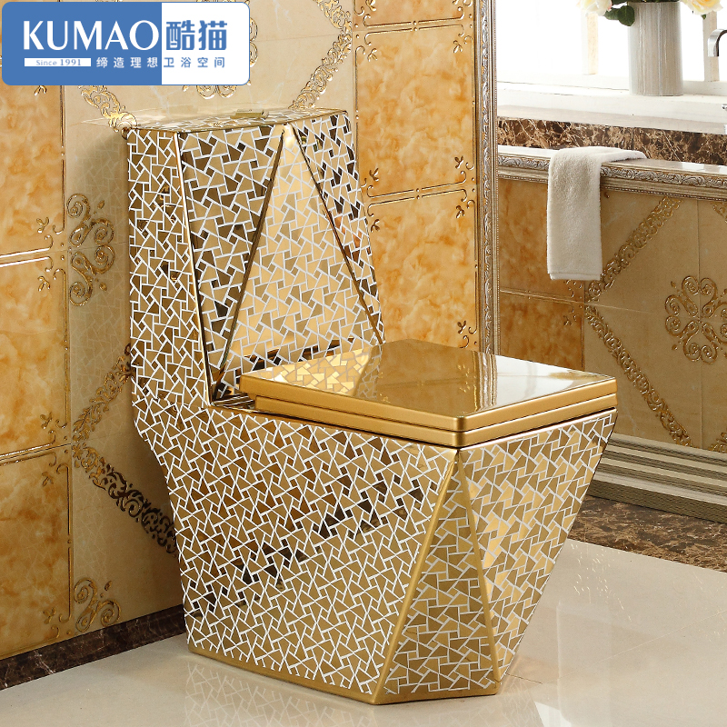 酷猫(KUMAO)家用抽水金色马桶虹吸式节水欧式坐便器彩色陶瓷方形钻石座便器 300坑距