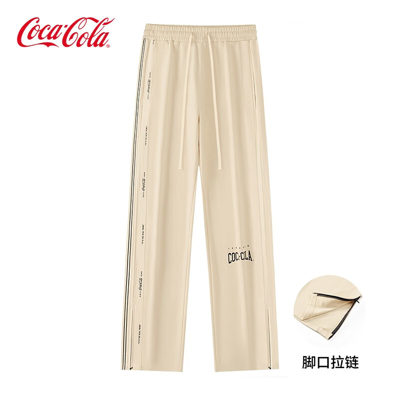 可口可乐(coca-cola)休闲裤男不对称美式拉链直筒拖地裤情侣休闲裤 浅