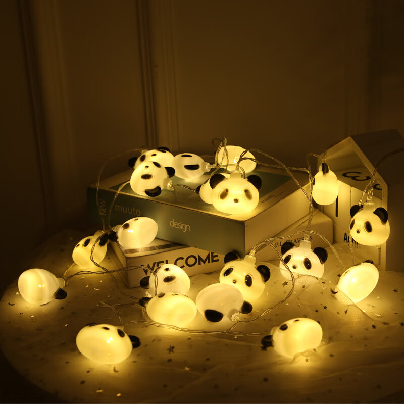 跨境led大熊猫灯串 圣诞节日家用室内装饰熊猫小彩灯电池盒球泡灯 暖白 1.5米10灯-二节常亮电池盒