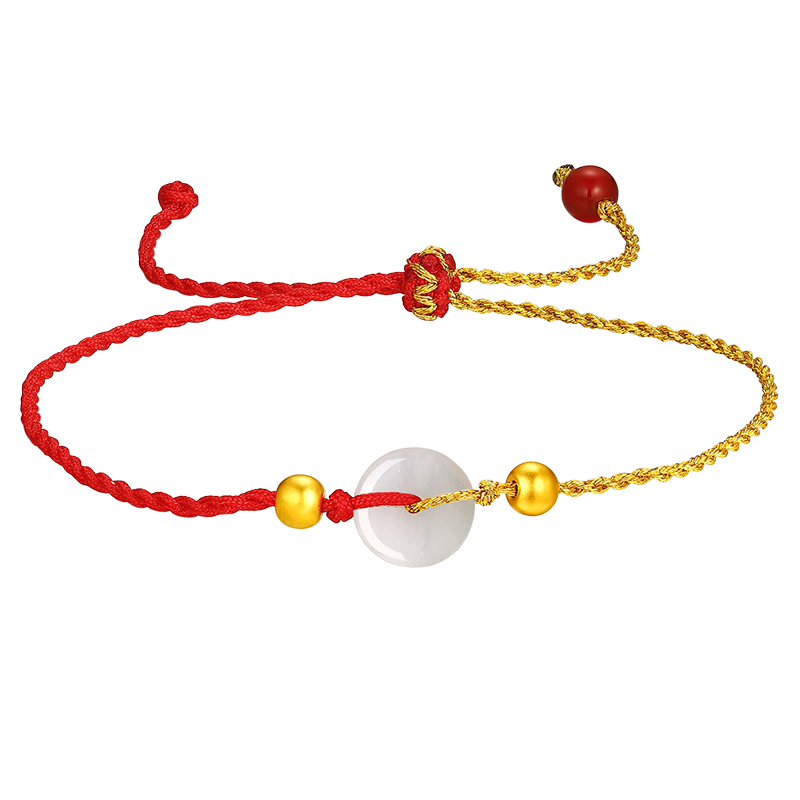 蒂蔻（Tico）足金古法金珠黃金腳鏈女3D金路路通轉(zhuǎn)運珠翡翠平安扣腳飾生日禮物