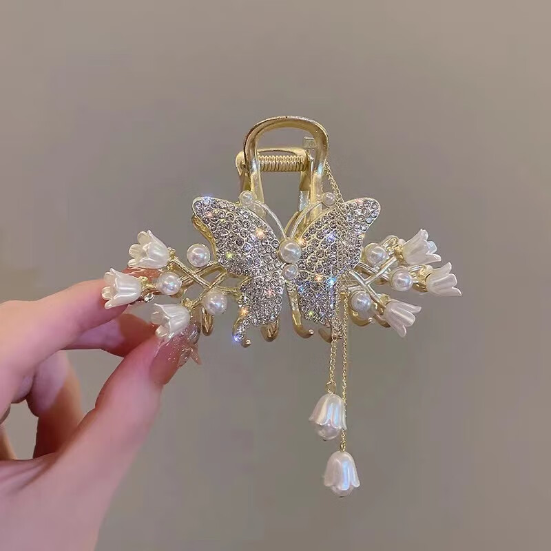 后脑勺精致抓夹女夏季大号高级感鲨鱼夹子头饰 铃兰花蝴蝶流苏发夹