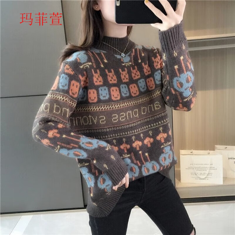 秋冬新款半高领洋气提花慵懒风套头针织毛衣 卡其色【xm 小蚂蚁图案】