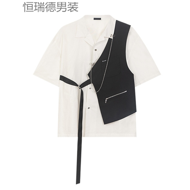 拼接马甲衬衫男薄款2021年夏季新款情侣拼接马甲设计衬衣 白色 l