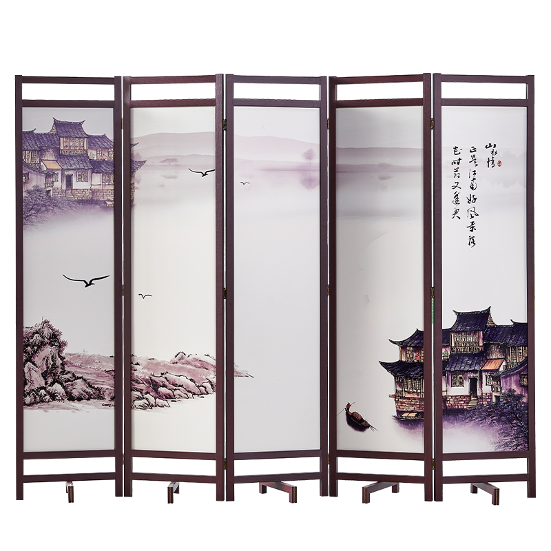 L&S 屏风 家用实木屏风隔断客厅卧室中式时尚办公室现代酒店定制折屏可折叠拉直 【水磨山水情】【五折叠】PF07