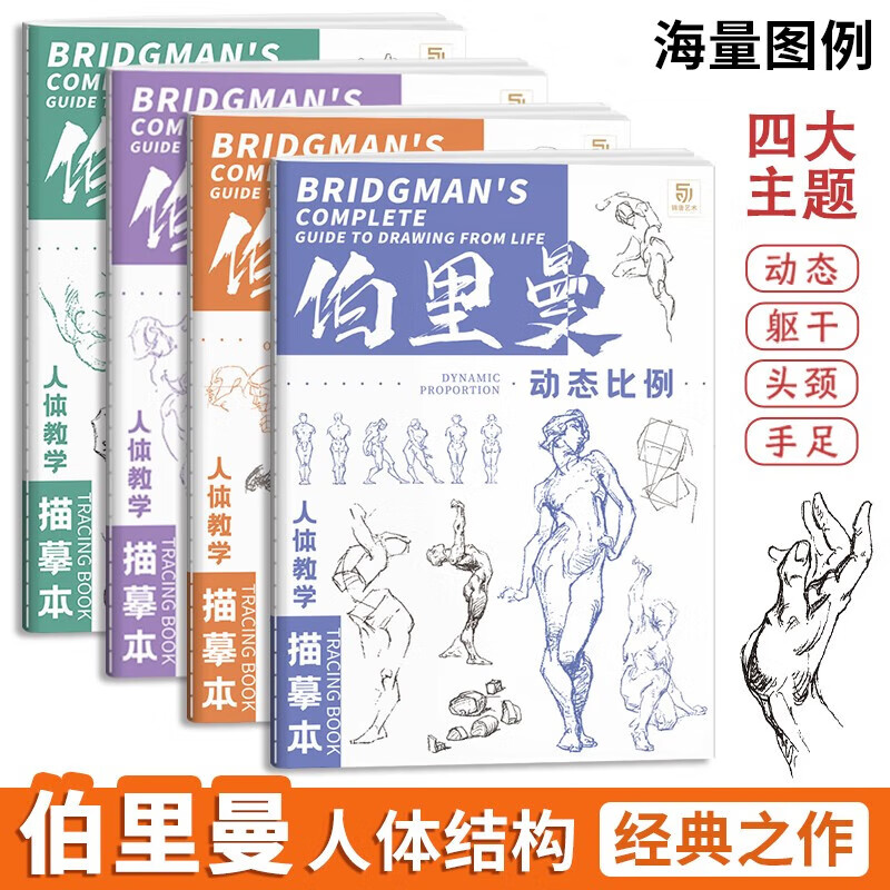 伯里曼人体教学描摹本 4本套装 速写人物描摹本 动态比例躯干四肢手足头颈结构画画自学入门零基础 美术生高中艺术绘画练习本 伯里曼人体教学描摹本 4本套装