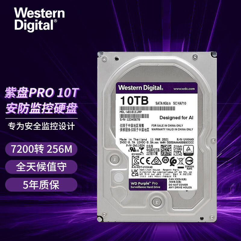 西部数据（WD） 紫盘  监控硬盘 SATA  3.5英寸 CMR垂直机械硬盘 10TB -Pro WD101EJRP