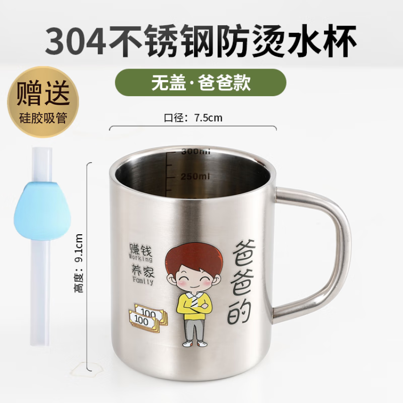 墨凛一家三口亲子水杯家庭套装304不锈钢儿童卡通防摔牛奶杯子带刻度 无盖【爸爸】带刻度 +(吸管 300ml 京东折扣/优惠券