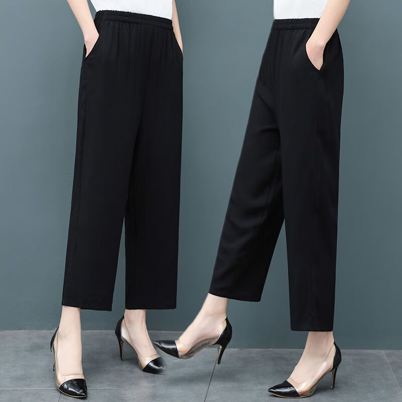沐悠羽棉绸裤夏季薄款人造棉女休闲裤裤子外穿 10黑色 xl 建议80-100