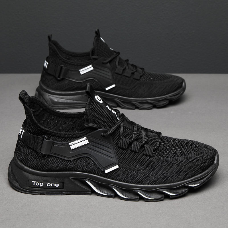 夏季黑色低帮飞织透气休闲鞋前系带圆头运动鞋男鞋 黑白 男39