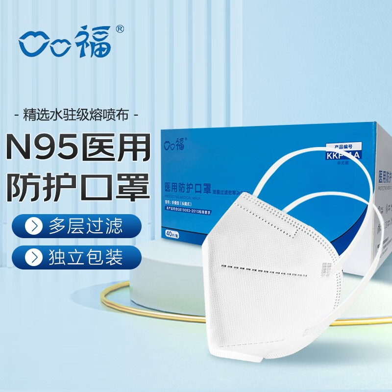 口口福 n95医用口罩医疗级别一次性防护口罩防尘口罩 头戴式 独立包装 白色 40只（1盒）