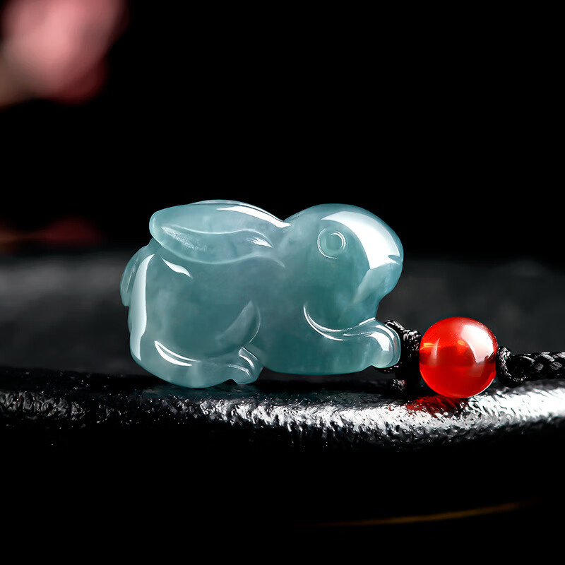 翡翠蓝水玉兔生肖兔 立体吊坠冰种玉石挂件可爱男女款玉坠  翡翠兔子