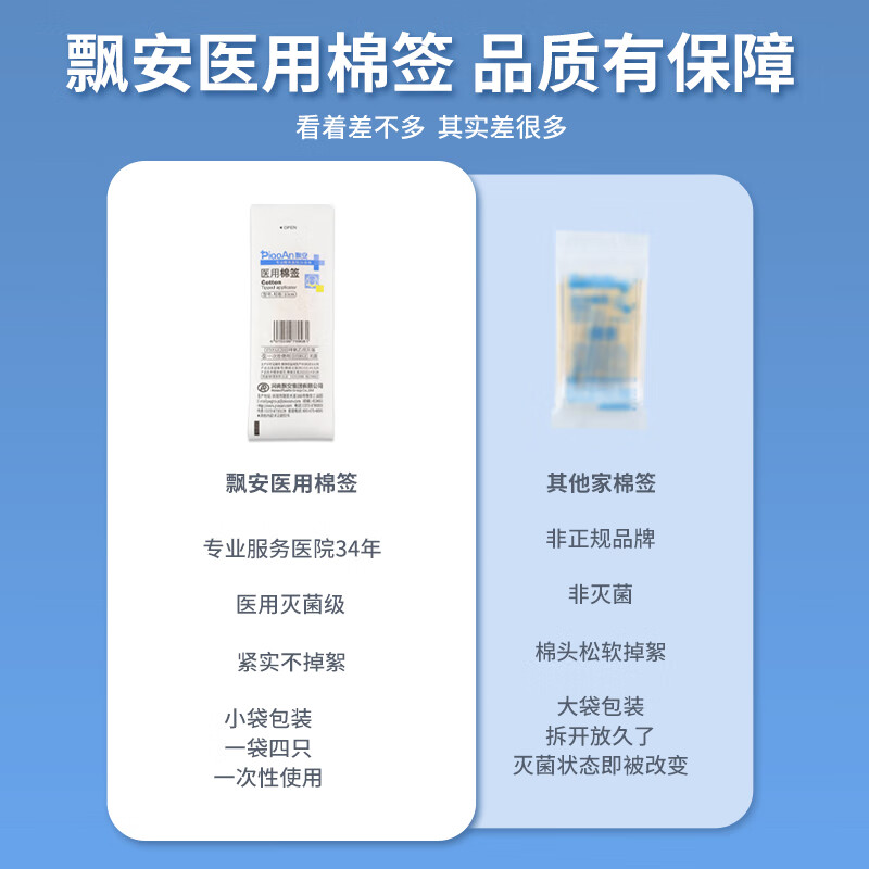 飘安一次性医用棉签无菌独立包装婴儿单头竹棍 4支/袋 纸塑袋 4支/包 10cm*2000支(500包)