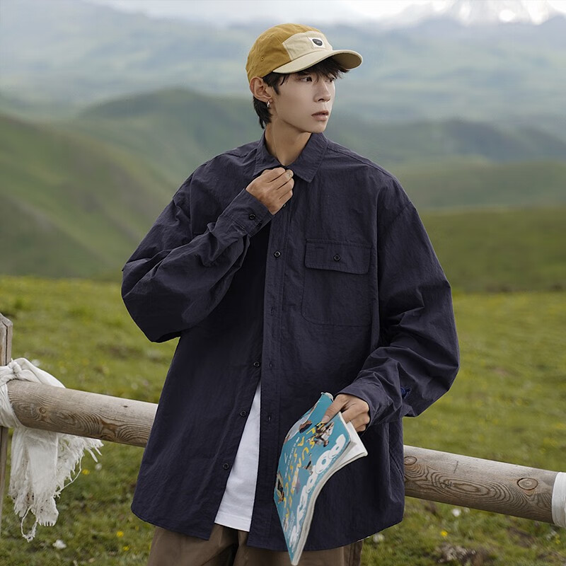 timpeake森系纯色长袖衬衫男复古上衣男士1