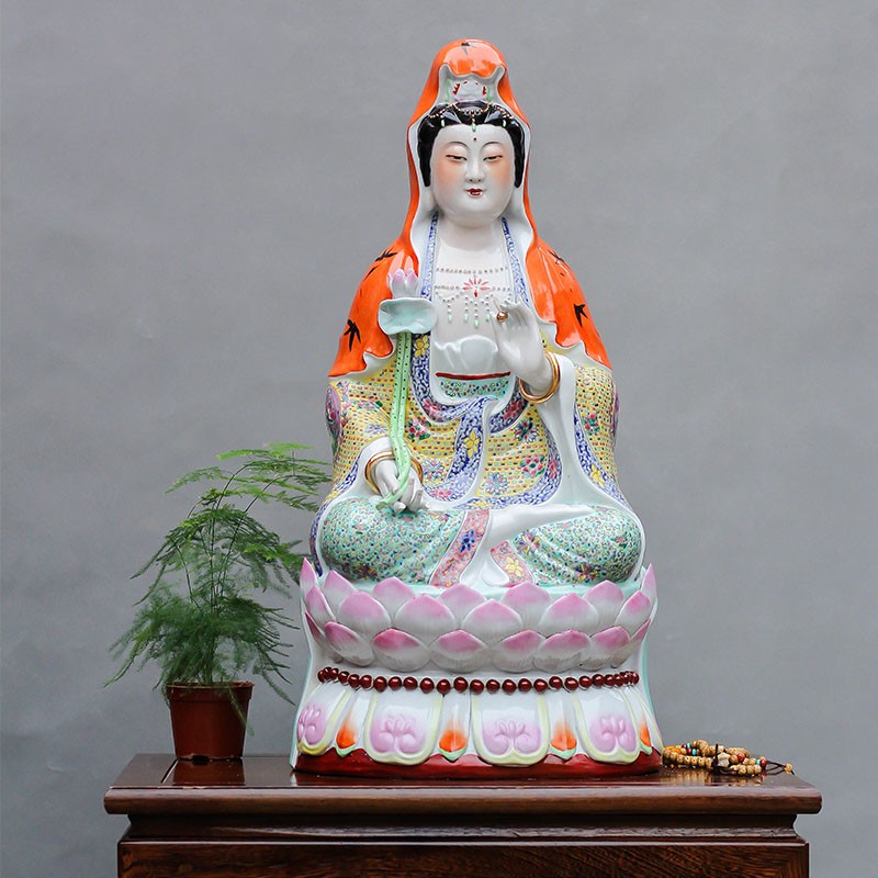 乾图公坊 陶瓷雕塑大号粉彩坐莲观世音菩萨持莲观音佛像家居供奉工艺