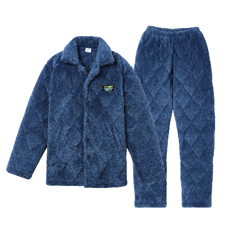 都市锋尚男士加厚居家服套装秋冬米粒绒舒适保暖开襟网格睡衣套装4H11A9