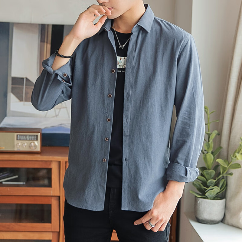 超薄男长袖衬衫亚麻法式男春季棉麻休闲衬衣暗门襟韩版潮流痞 s88青灰