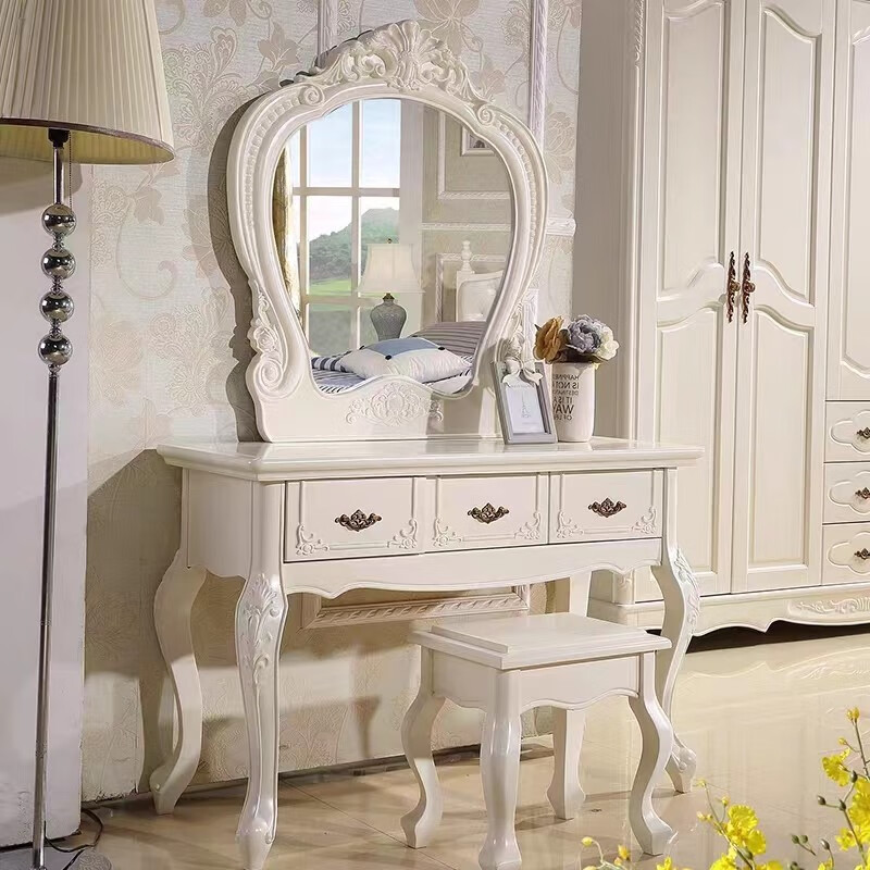 意美数欧式梳妆台大小户型别墅公主化妆桌白色实木雕花储物收纳柜卧室 白色