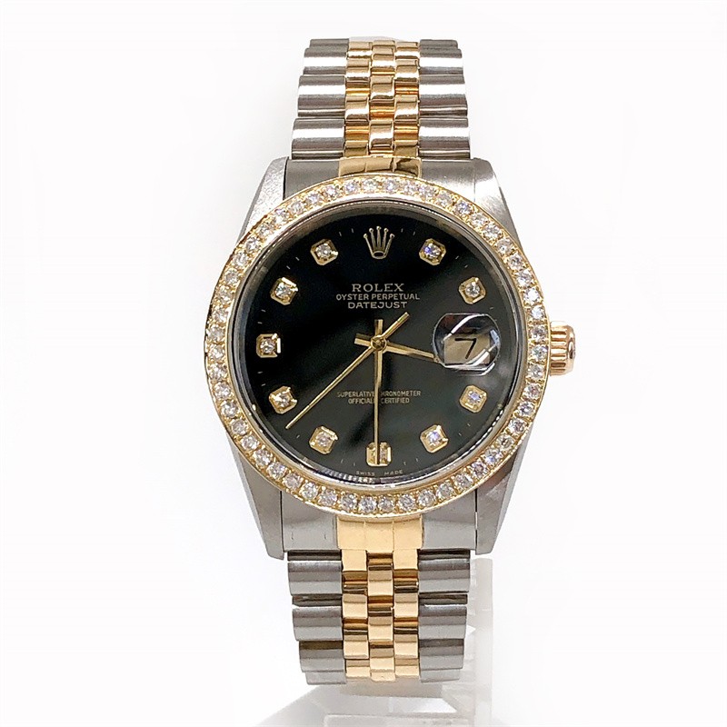 【二手95新】劳力士日志系列间金后镶钻黑盘钻石刻度,自动机械 36表径