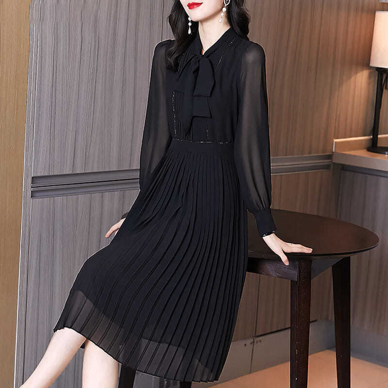 hlhp2021早春女装名媛高端气质收腰显瘦蝴蝶结长袖雪纺衬衫连衣裙