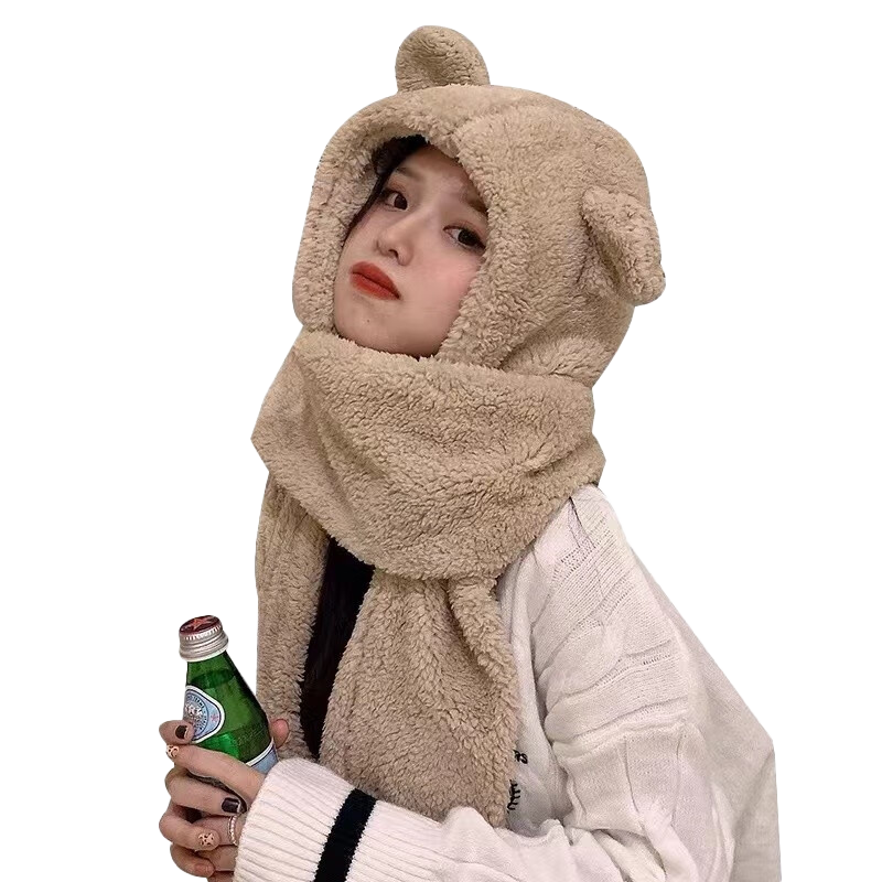 雪茜曼小熊帽子女冬天圍巾手套一體帽冬季圍巾百搭毛毛可愛保暖