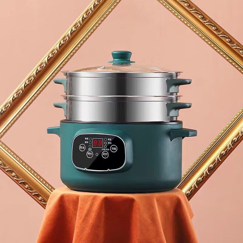 盛芯华家用多功能电热锅 不锈钢多层智能一体式大容量炒锅带蒸笼电火锅 带1个蒸笼 22CM