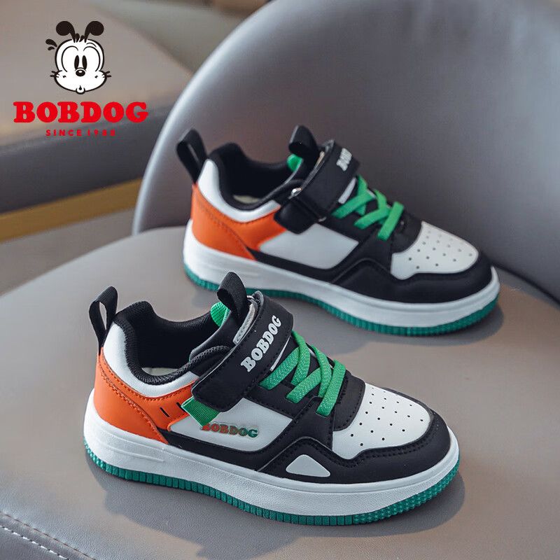 巴布豆（BOBDOG）男童鞋子儿童运动鞋春秋新款网面透气板鞋中大童男孩软底学生板鞋 黑绿 【皮面-防水】 34 码鞋内长约21.7CM