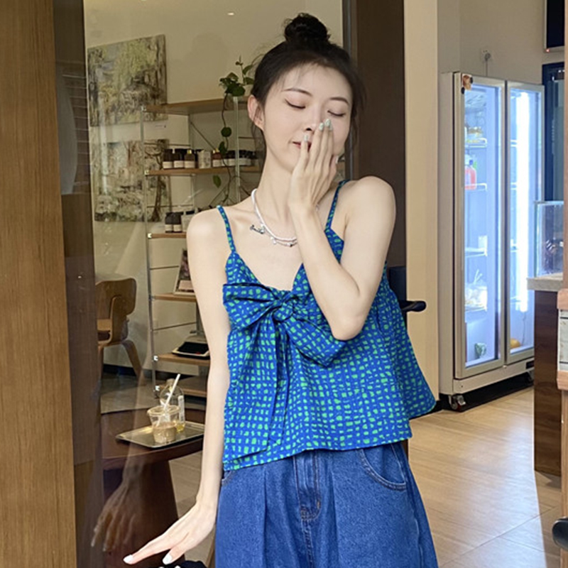 背心上衣女装外穿设计感蝴蝶结夏季2021新款小清新格子v领小吊带 上衣