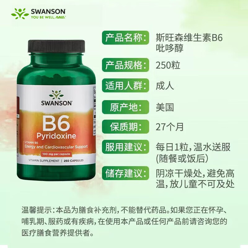 斯旺森(SWANSON)维生素B6营养胶囊 VB族6营养素控油护头皮促进心血管健康 250粒 250粒*1瓶
