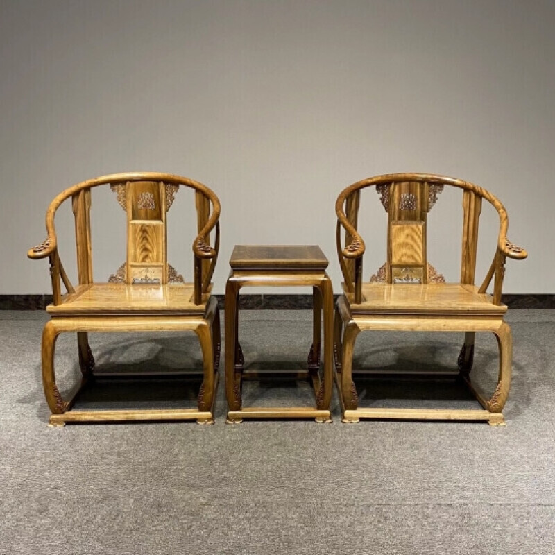 古樽堂金丝楠木皇宫椅三件套小叶桢楠根料实木太师椅新中式仿古椅子