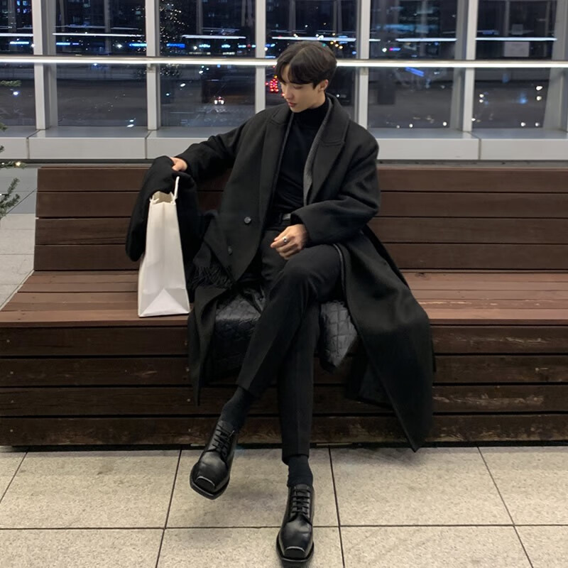 cuchohomme秋冬呢子大衣男长款过膝冬季加厚英伦风韩版宽松男士毛呢