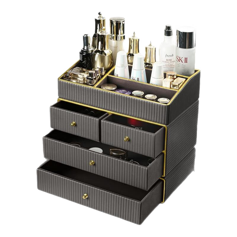 AKBK化妆品收纳盒桌面护肤品梳妆盒首饰盒高级感大容量情人节礼物 灰色-三层【单抽+三抽盒+梯形】