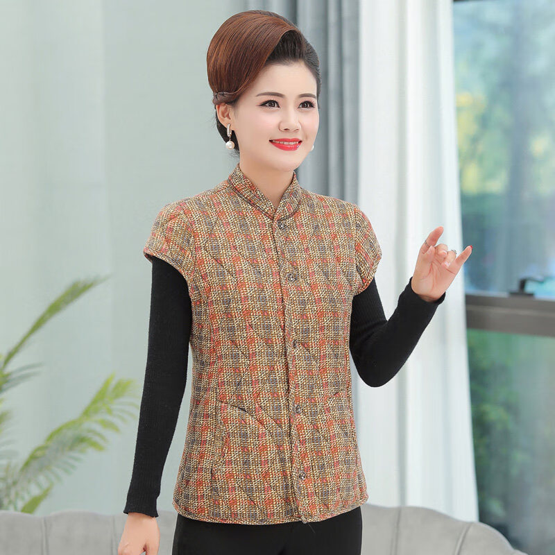 秋冬天带半袖棉马甲女式保暖棉坎肩中佬年人春秋装薄溥款款溥棉马甲中