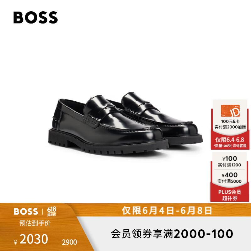 BOSS【礼物】男士2024春夏品牌标识钱币饰带皮革莫卡辛鞋 001-黑色 EU:40