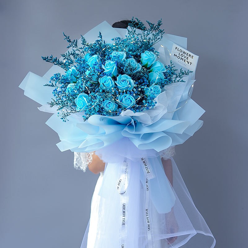 蓝色 永生满天星 19朵皂花 灯串