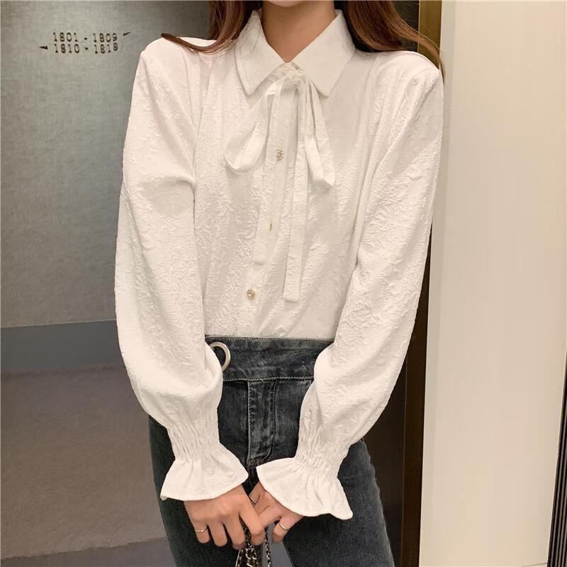 冉同女士衬衣带领结雪纺蝴蝶结衬衫女春秋系带蝴蝶结长袖衬衫 白色