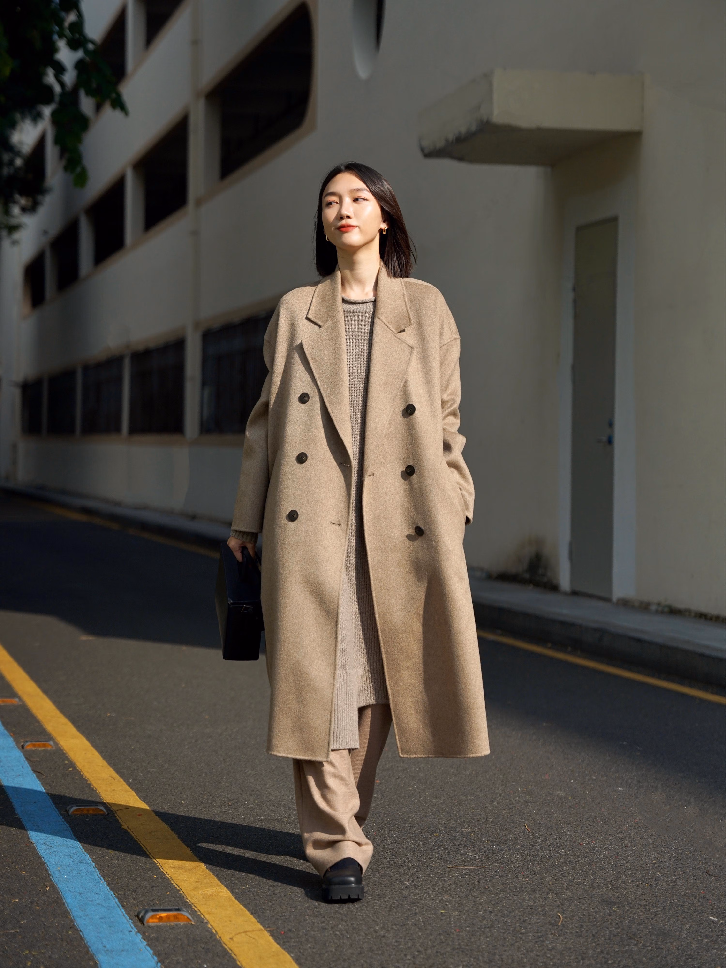 【短顺毛呢】aum噢姆女装2021冬季新款通勤简约气质西装领双排扣羊毛