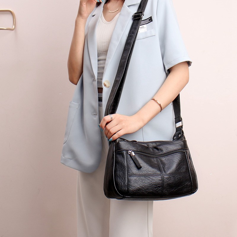 晶轼软皮包包女2025新款百搭大容量斜挎包时尚中老年妈妈包女士单肩包 黑色