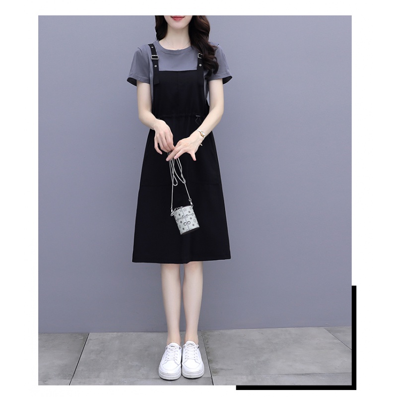 京靠 新款时髦气质女神范套装裙女2021年新款韩版打底衫休闲黑色背带连衣裙洋气两 图片色 M